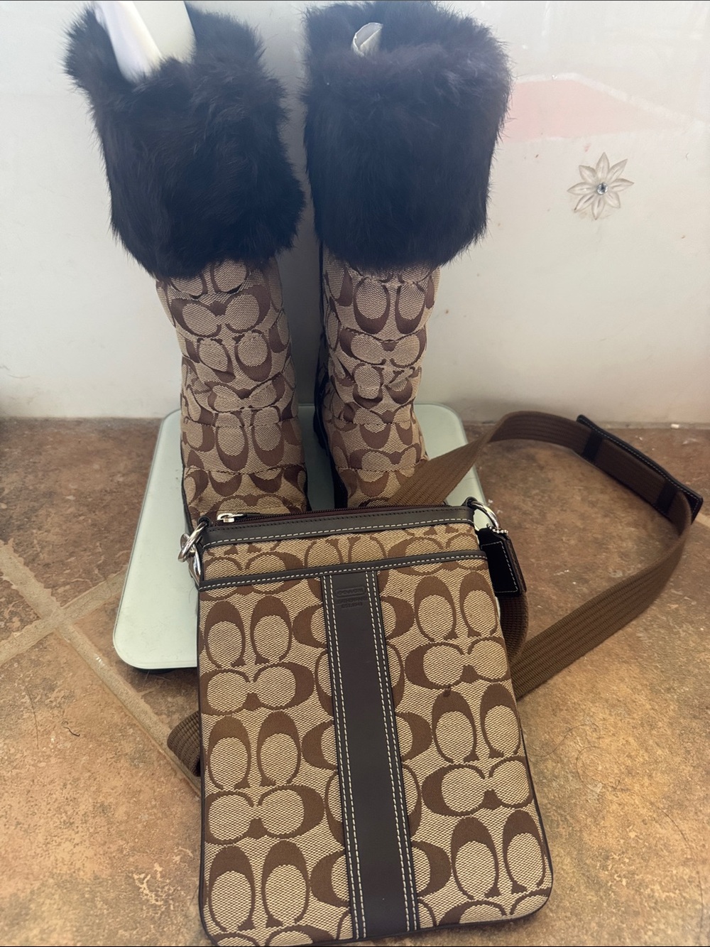 Coach Signature Canvas lots: 1 logo faux fur boots and 1 Crossbody purse